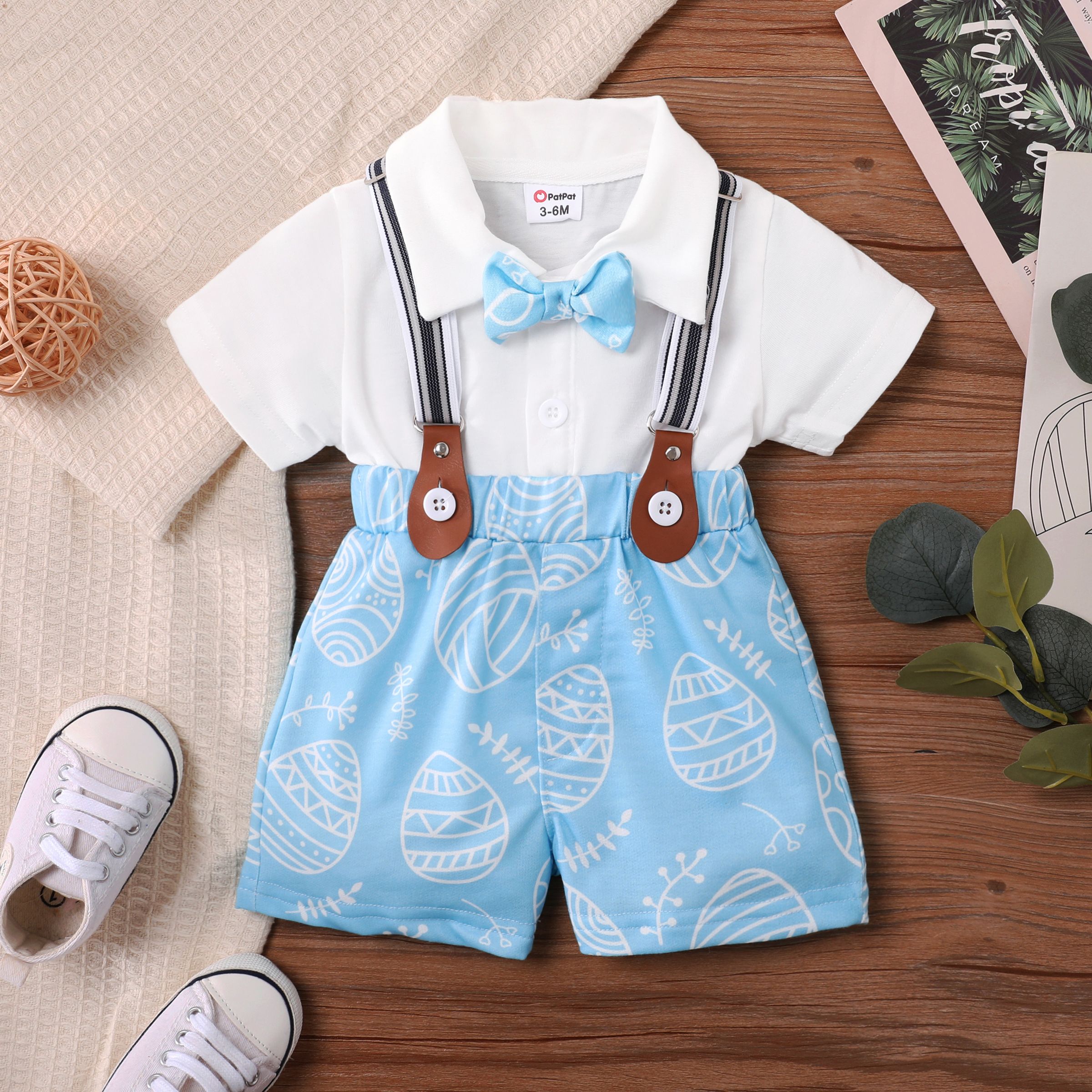 3pcs Baby Boys Easter  Lapel Design Top And Pants And Detachable Strap Set