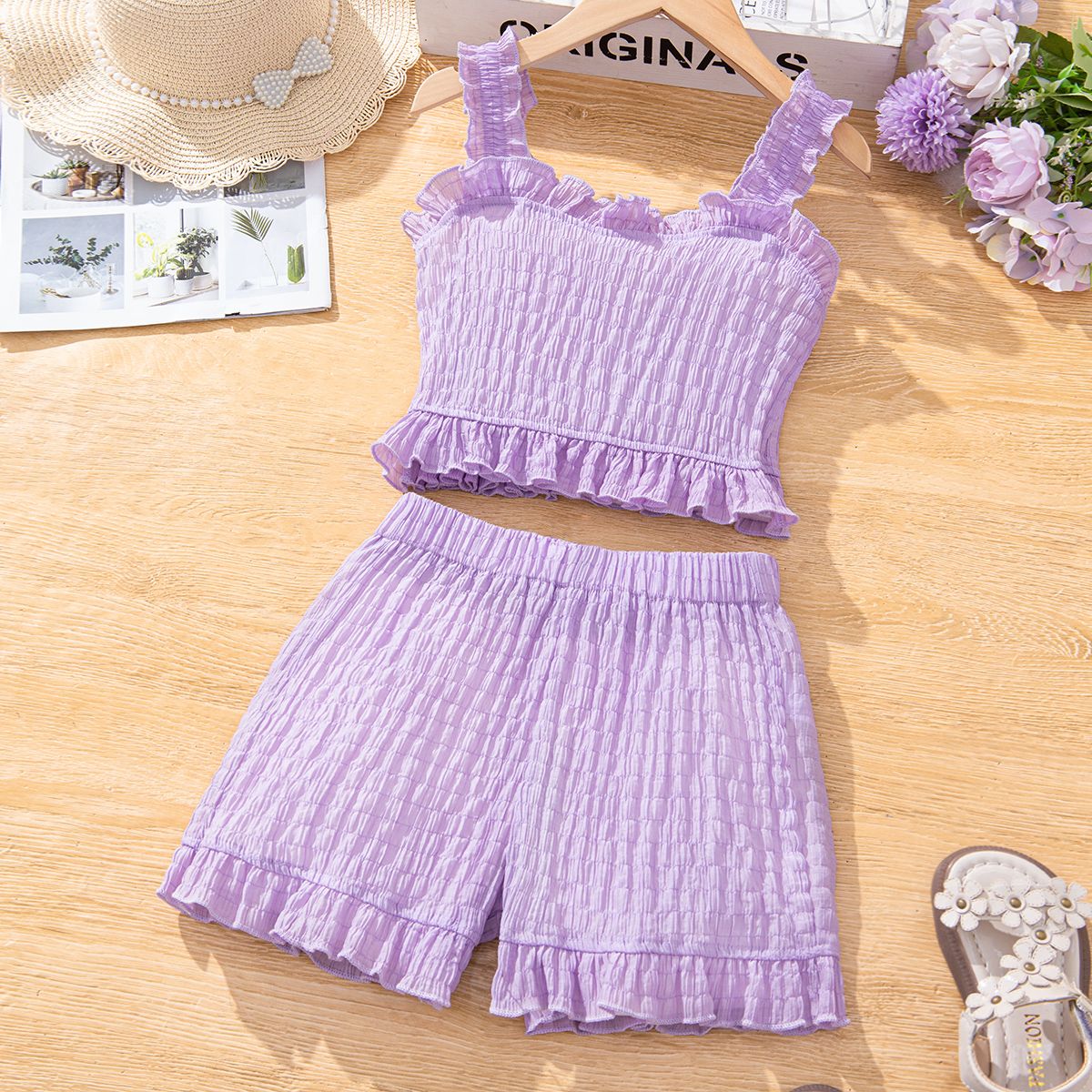 Girl's Casual Ruffle Edge Polyester 2pcs Suit For Kids