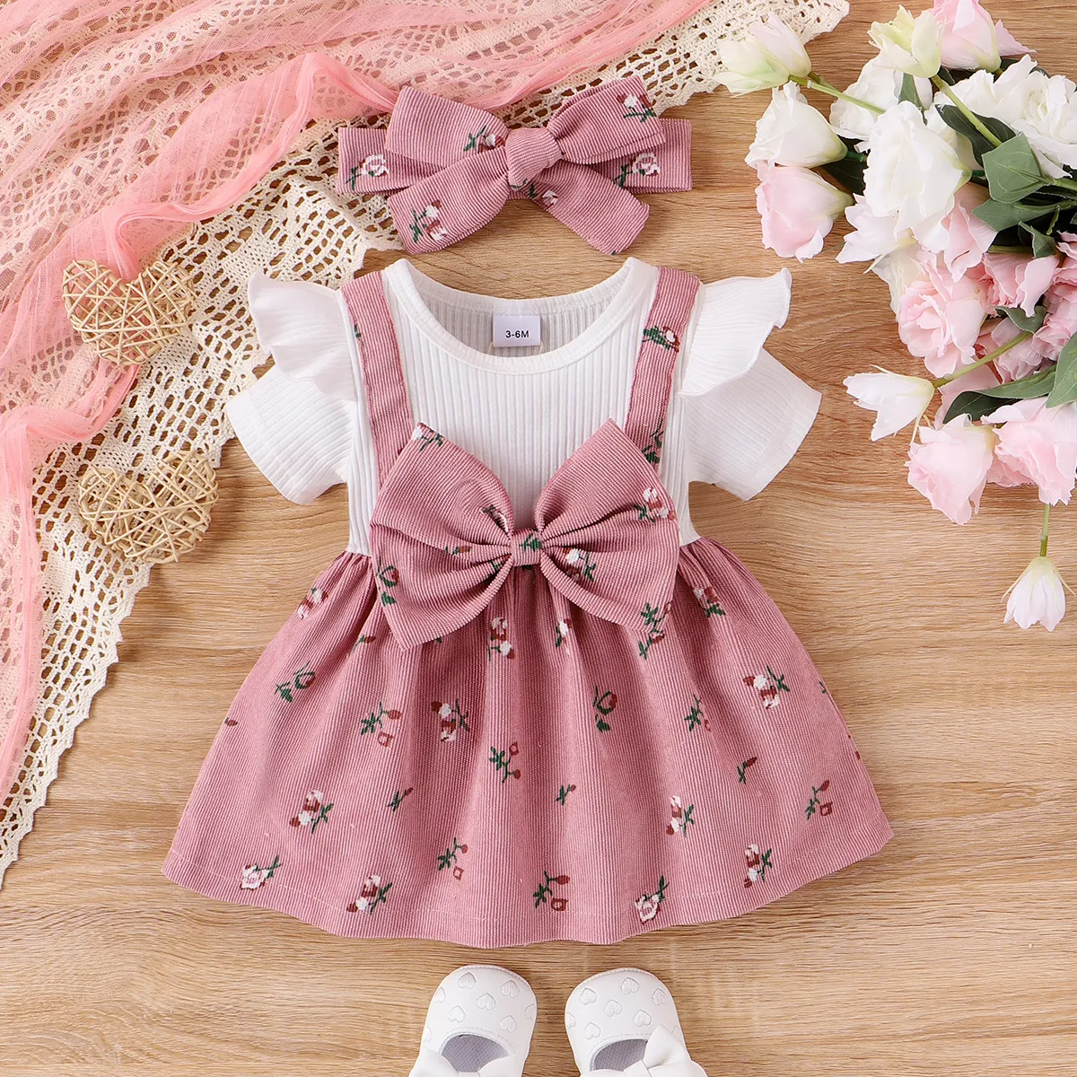  Baby Girls Sweet Dress with Flutter Sleeve and Broken Flower Pattern Pink big image 1