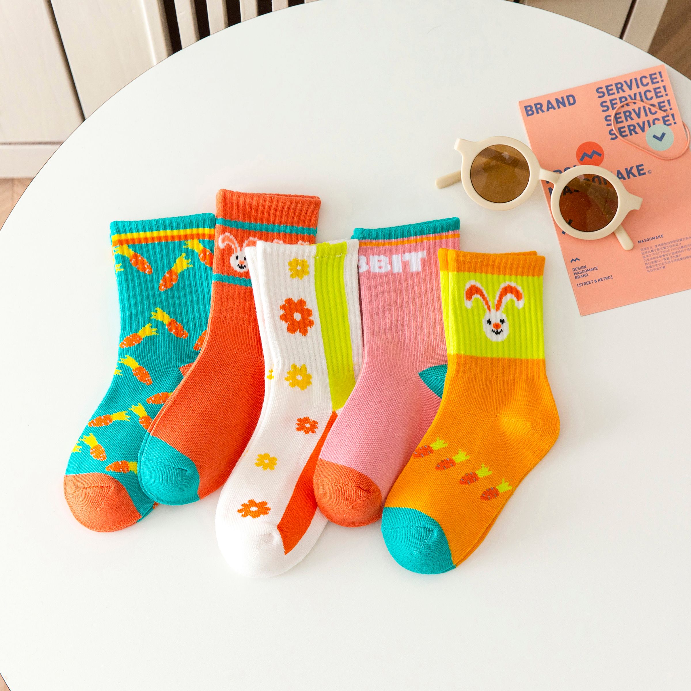 5-pack Toddler/kids Mid-Calf Socks With Rabbit And Flower Pattern