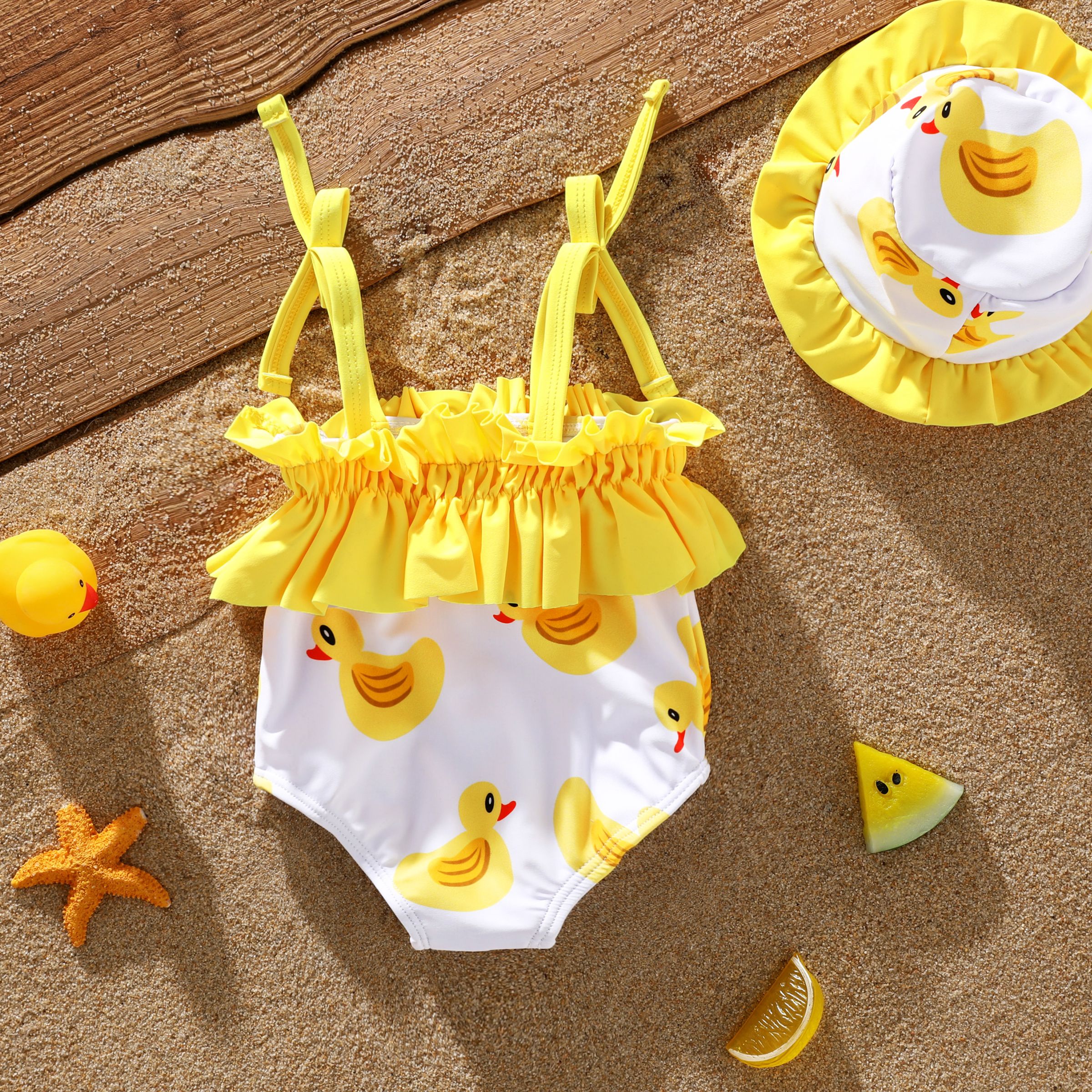 Baby Girl 2pcs Childlike Animal Ruffle Swimsuit with Hat