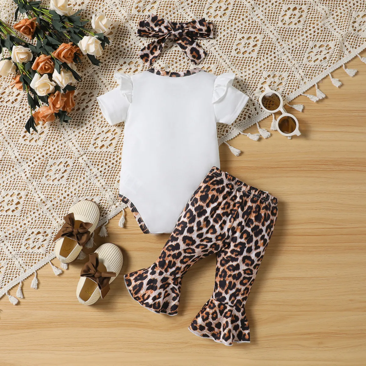 3 Stück Baby Mädchen Rüschenrand Leopardenmuster Avantgardistisch Kurzärmelig Baby-Sets khaki big image 1