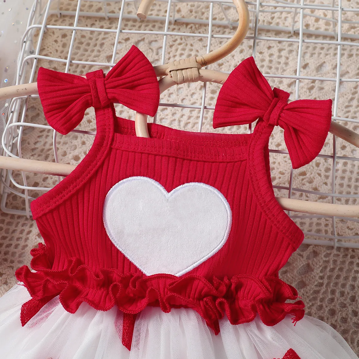 Baby Girl Sweet Heart-shaped Embroidered Mesh Dress with Hanging Strap  Red big image 1