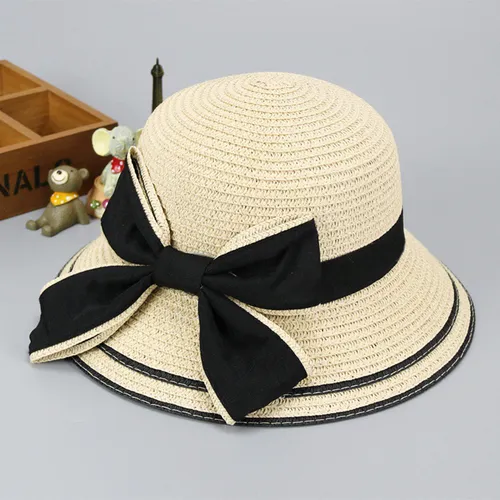 Chapéu de Sol de Palha Pais-Criança de Verão com Nó de Borboleta, Proteção Solar e Design Tecado