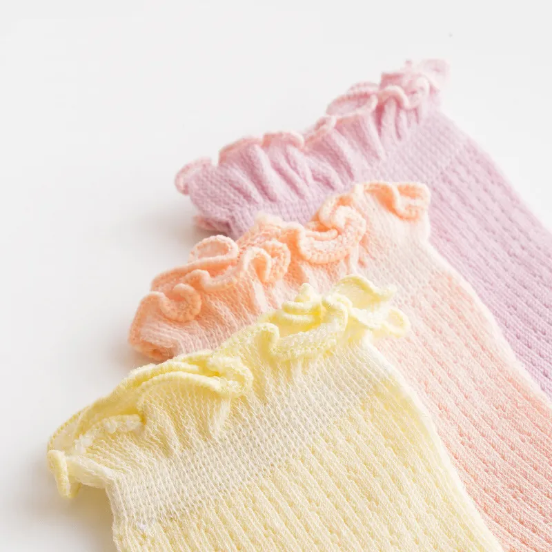 Calcetines de malla de verano para bebés: color puro con borde de encaje, diseño de tobillo holgado Rosado big image 1