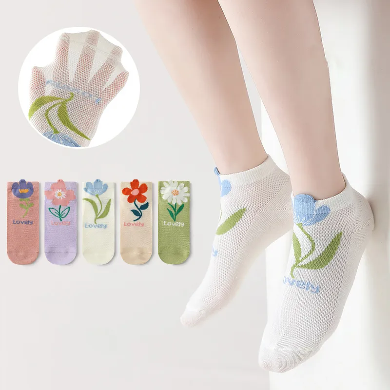 5-pack criança / crianças bonito floral respirável meias de malha multicor big image 1
