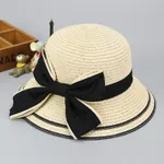 Chapéu de Sol de Palha Pais-Criança de Verão com Nó de Borboleta, Proteção Solar e Design Tecado Cor Bege