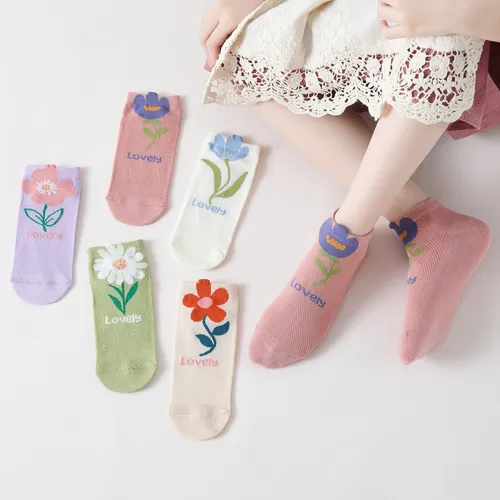 Lot de 5 chaussettes en maille respirante florale mignonnes pour tout-petits/enfants