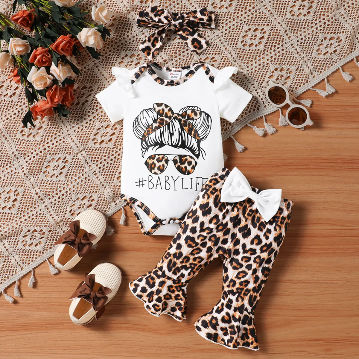 3pcs Baby Girl Ruffle Edge Leopard Print Top And Pants Set
