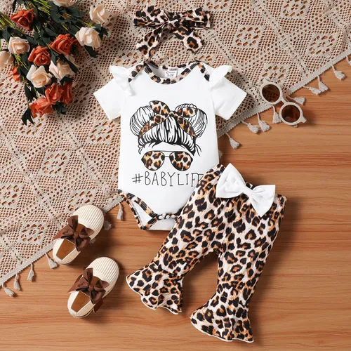 3pcs bebê menina babado borda leopardo top de impressão e conjunto de calças 