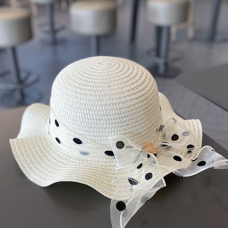 Summer Girls' Straw Hat With Polka Dot Ribbon For Beach And Sun Protection, Ages 2-5