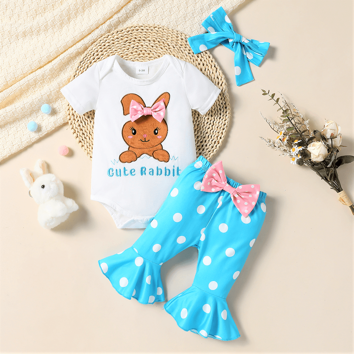 Baby Girls'  Easter Animal Pattern Bunny Embroidered Bodysuits And Ruffle Edge Pants Headband Set