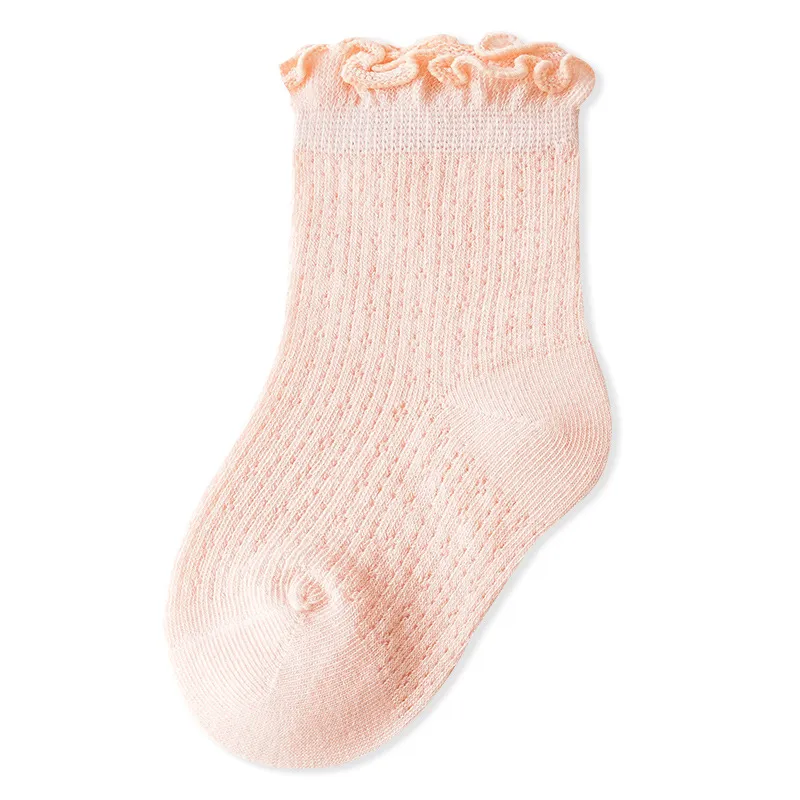 Chaussettes d’été en maille pour bébé - couleur pure avec bord en dentelle, conception lâche à la cheville Rose
