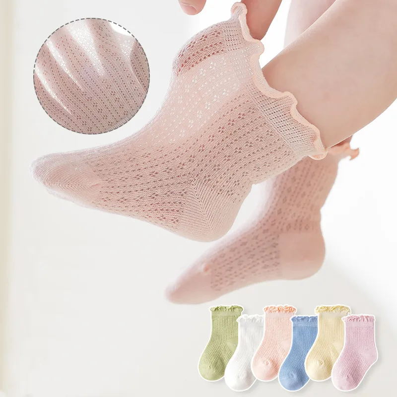 Calcetines de malla de verano para bebés: color puro con borde de encaje, diseño de tobillo holgado Rosado big image 1