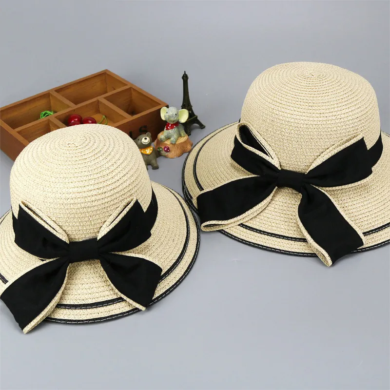 夏季親子草編太陽帽，蝴蝶結，防晒和編織設計 米色 big image 1