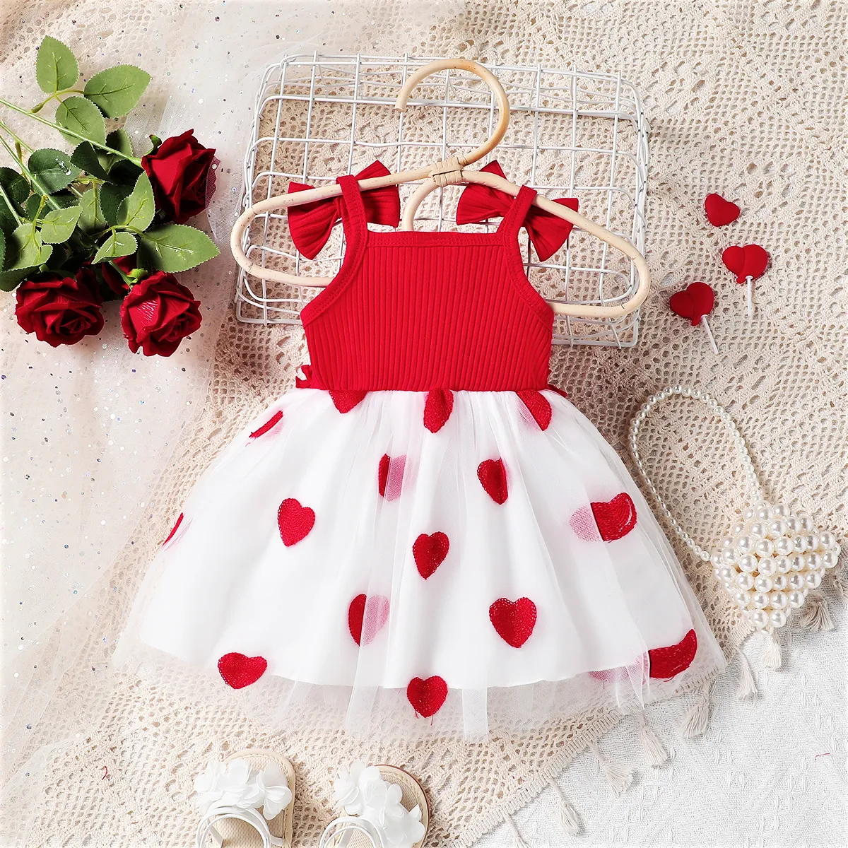 Baby Girl Sweet Heart-shaped Embroidered Mesh Dress with Hanging Strap  Red big image 1
