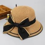 夏季親子草編太陽帽，蝴蝶結，防晒和編織設計 咖啡色