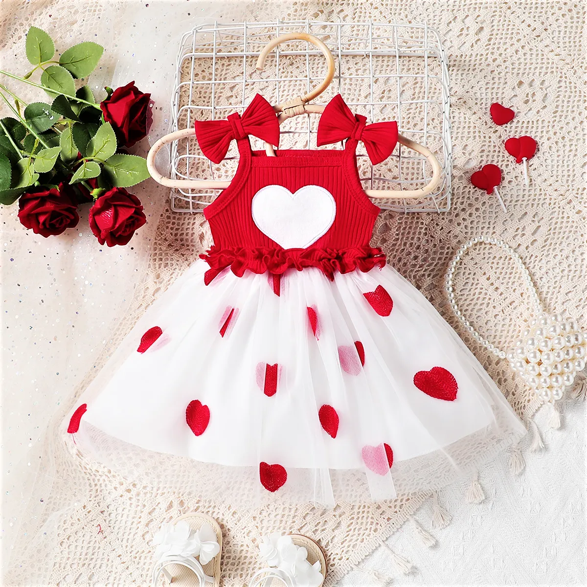 Baby Girl Sweet Heart shaped Embroidered Mesh Dress with Hanging Strap