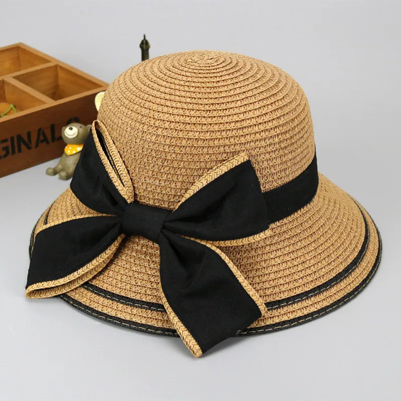 夏季親子草編太陽帽，蝴蝶結，防晒和編織設計 咖啡色 big image 1