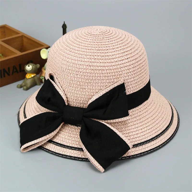 Summer Parent-Child Straw Sun Hat with Butterfly Knot, Sun Protection and Weaved Design Pink big image 1
