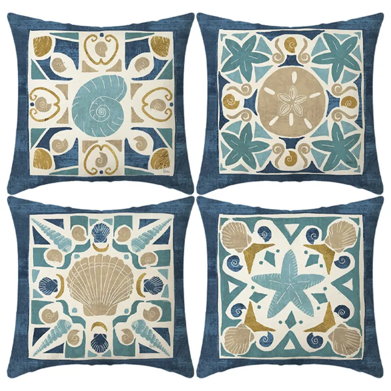 Conjunto de 4 novas capas de almofada de sofá mandala geométrica com tema azul (núcleo de travesseiro não incluído) azul big image 1