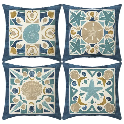 Set di 4 nuove fodere per cuscini per divano mandala geometrico a tema blu (nucleo del cuscino non incluso)