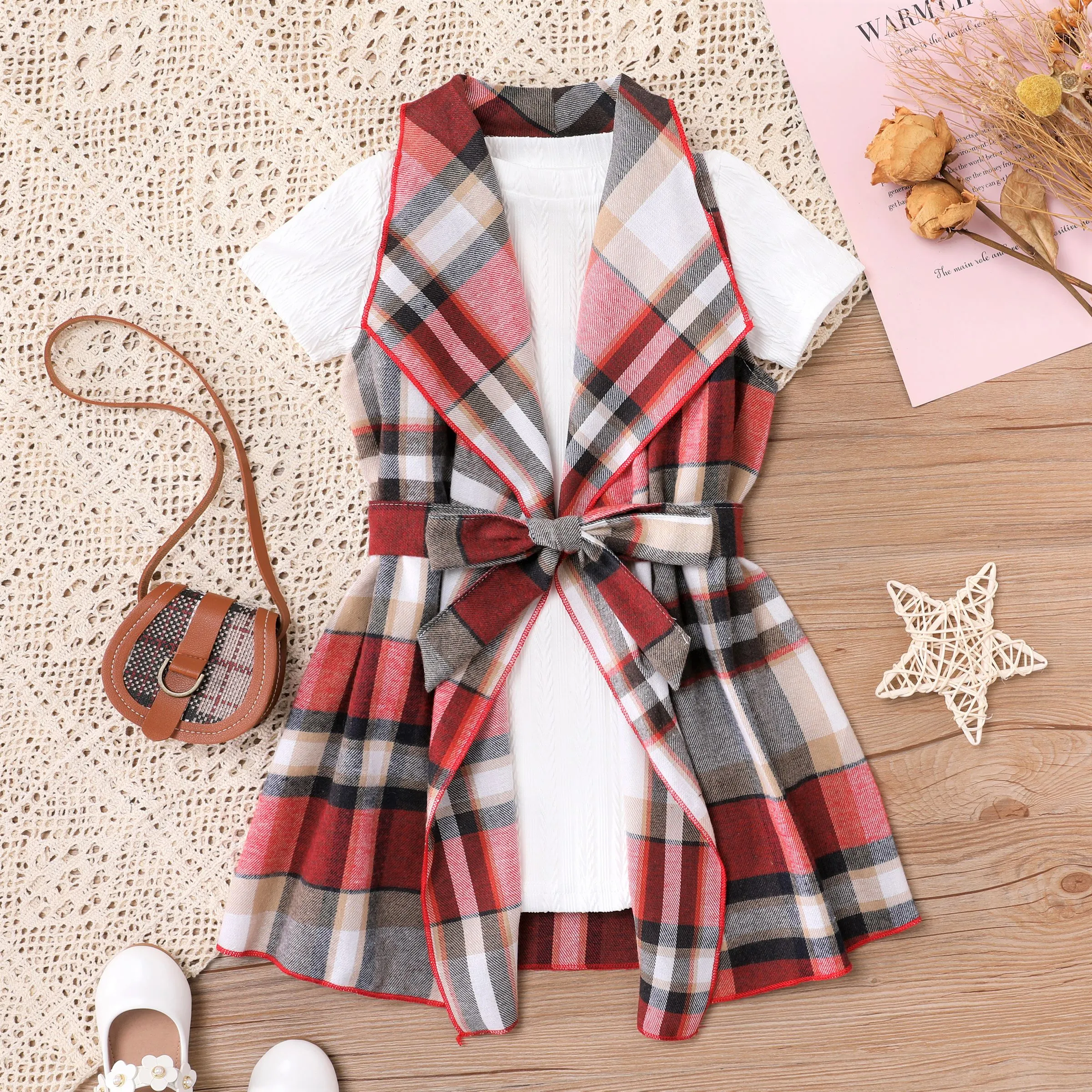 2pcs Toddler Girl Short-sleeve Tee And Asymmetrical Grid Dress Set