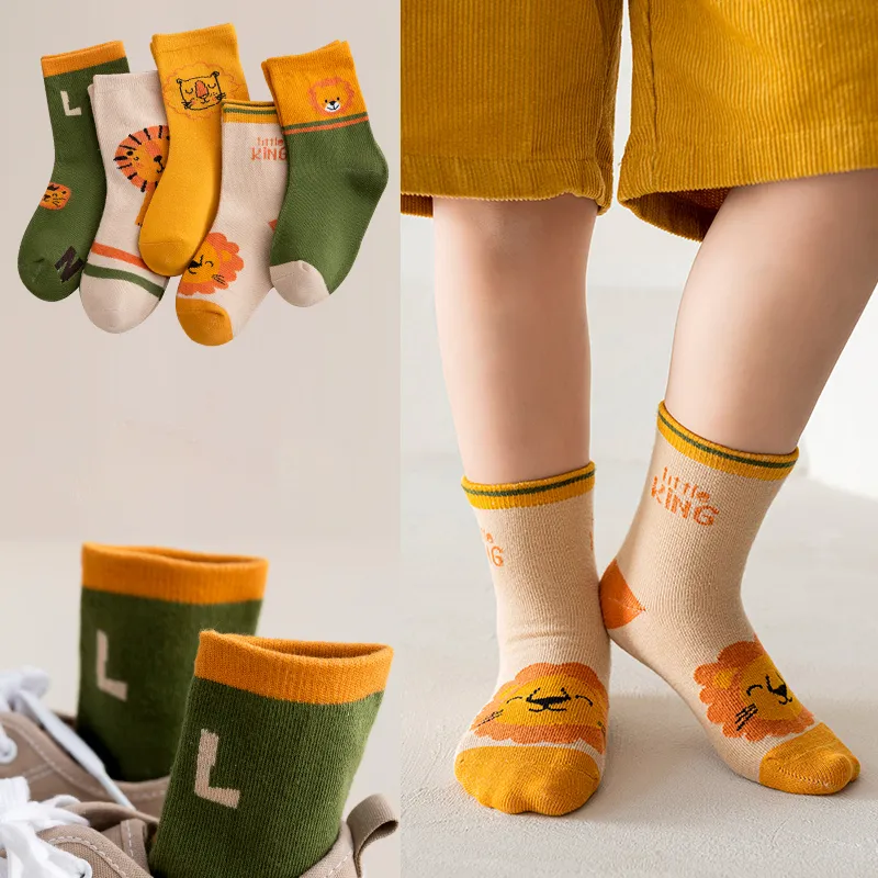 5er-Pack Kleinkind/Kinder Kindliche Socken mit Cartoon-Löwenmuster in der Mitte der Wade Mehrfarben big image 1