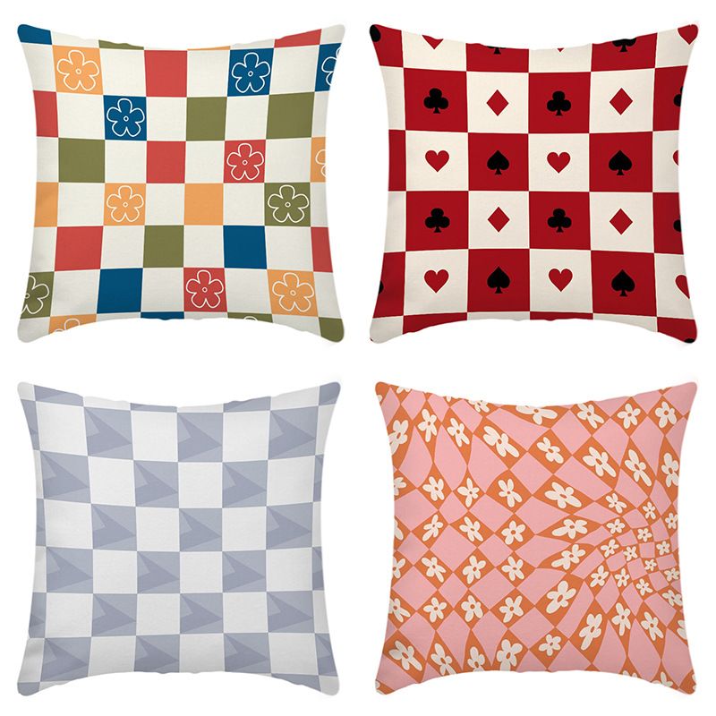 4 件裝拼色幾何方格印花枕套（不包括枕芯）