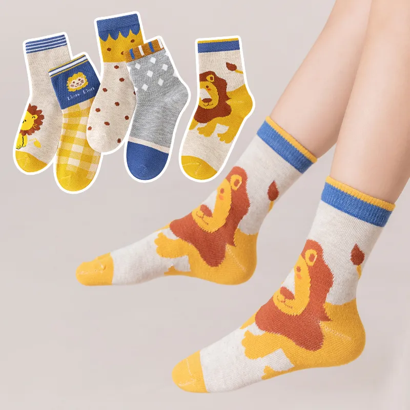 5er-Pack Kleinkind-/Kinder-Cartoon-Löwen-Socken mit mittlerer Wade Mehrfarben big image 1