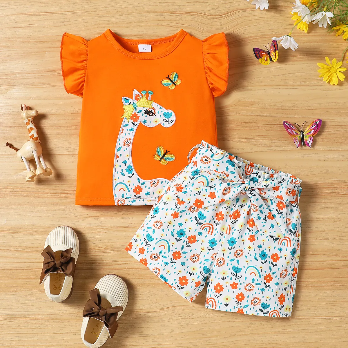 3 Stück Kleinkinder Mädchen Flatterärmel Kindlich Giraffe T-Shirt-Sets incarnadinepink big image 1