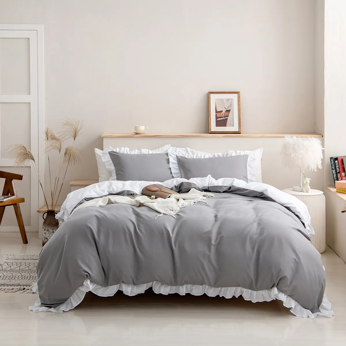 2/3 piezas de juego de cama de color sólido suave y cómodo, que incluye funda nórdica y fundas de almohada Gris big image 1