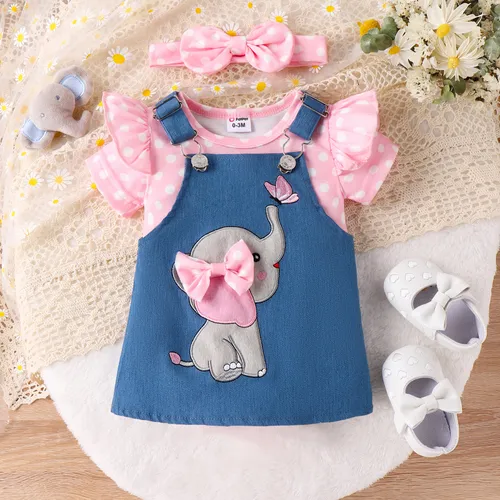3pcs Baby Girl Polka Dot Pattern Romper and Denim Overall Dress with Headband