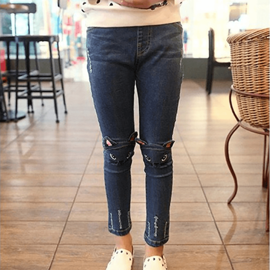 Kids Girl Cat Rabbit Tasseled Denim Jeans