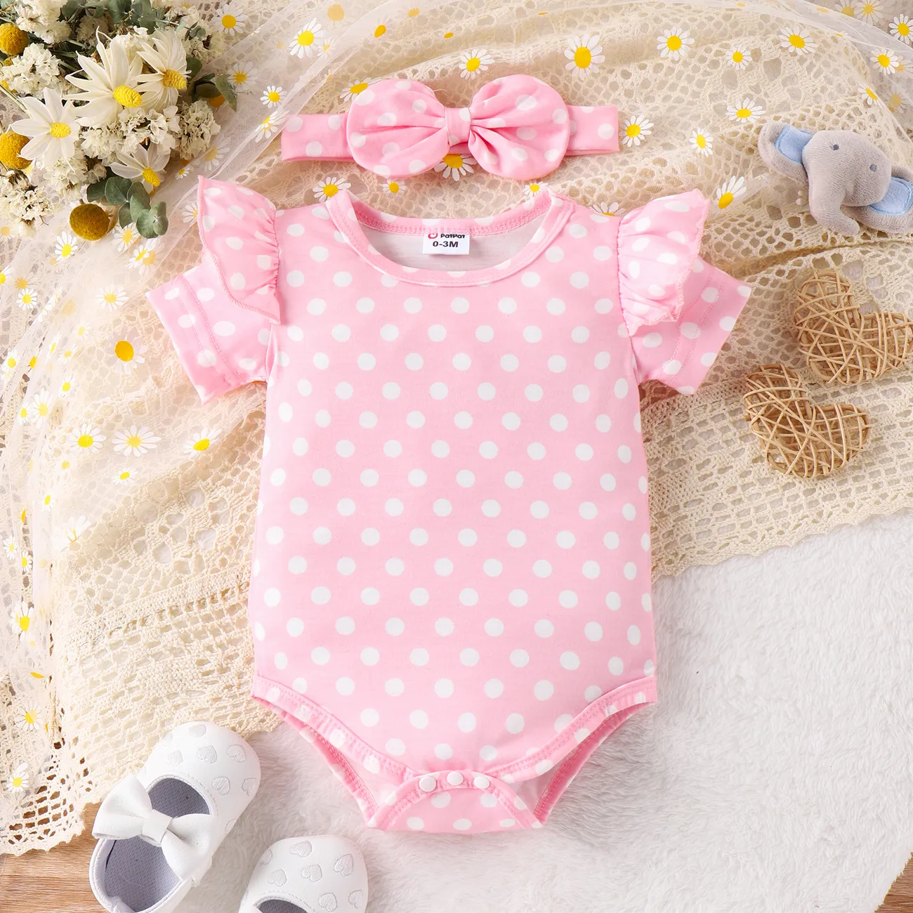 3pcs Baby Girl Polka Dot Pattern Romper and Denim Overall Dress with Headband Blue big image 1