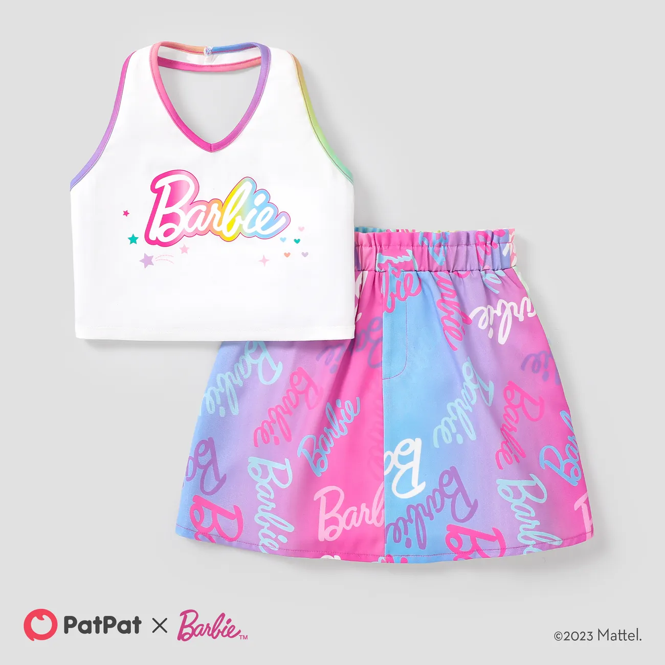 Barbie 2pcs Kids Girls Halter Top with Allover Logo Print Skirt Set
 Multi-color big image 1
