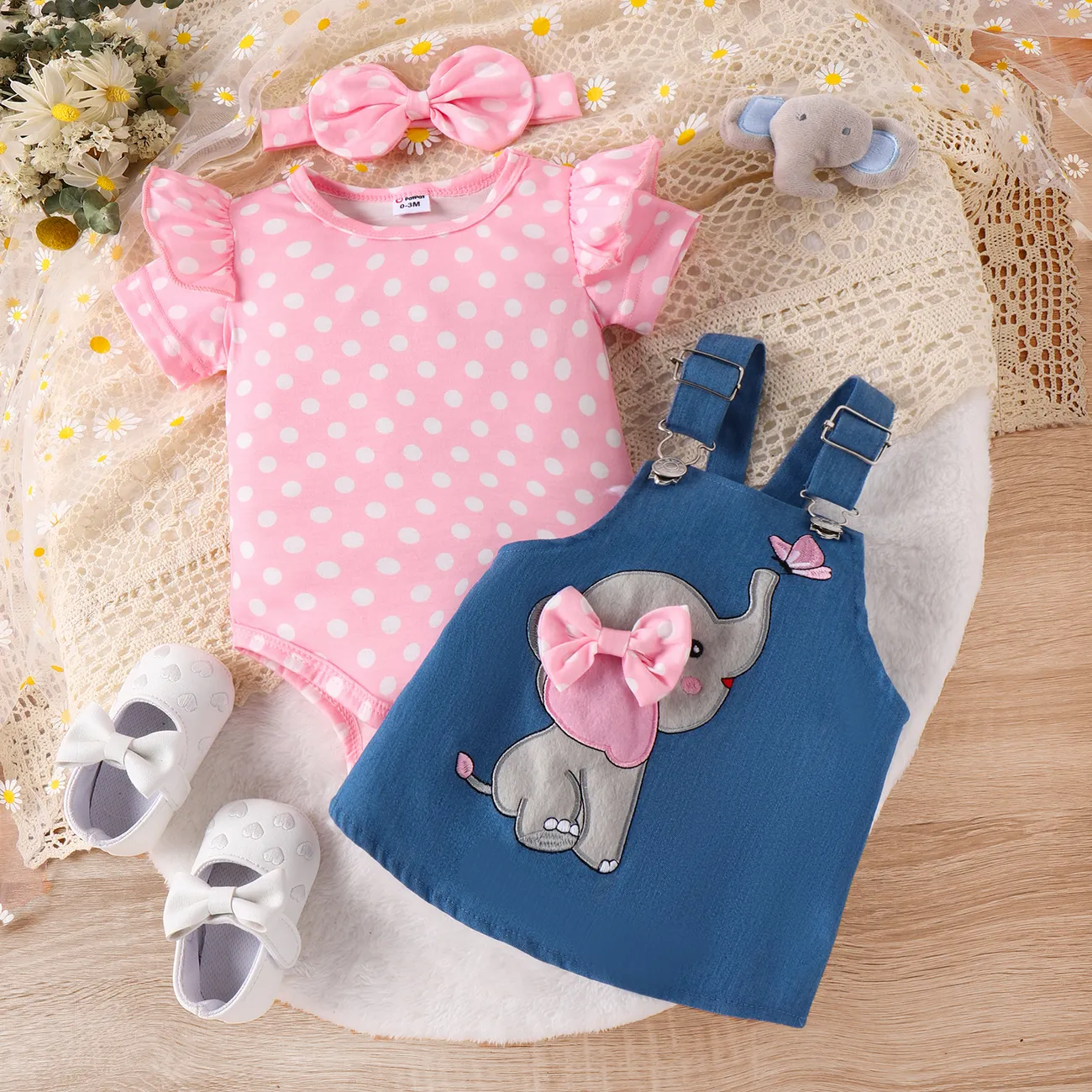 3pcs Baby Girl Polka Dot Pattern Romper and Denim Overall Dress with Headband Blue big image 1