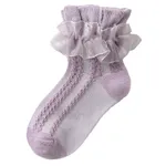 蹣跚學步的女孩甜美蕾絲棉質及膝公主襪，帶花卉邊緣 紫色