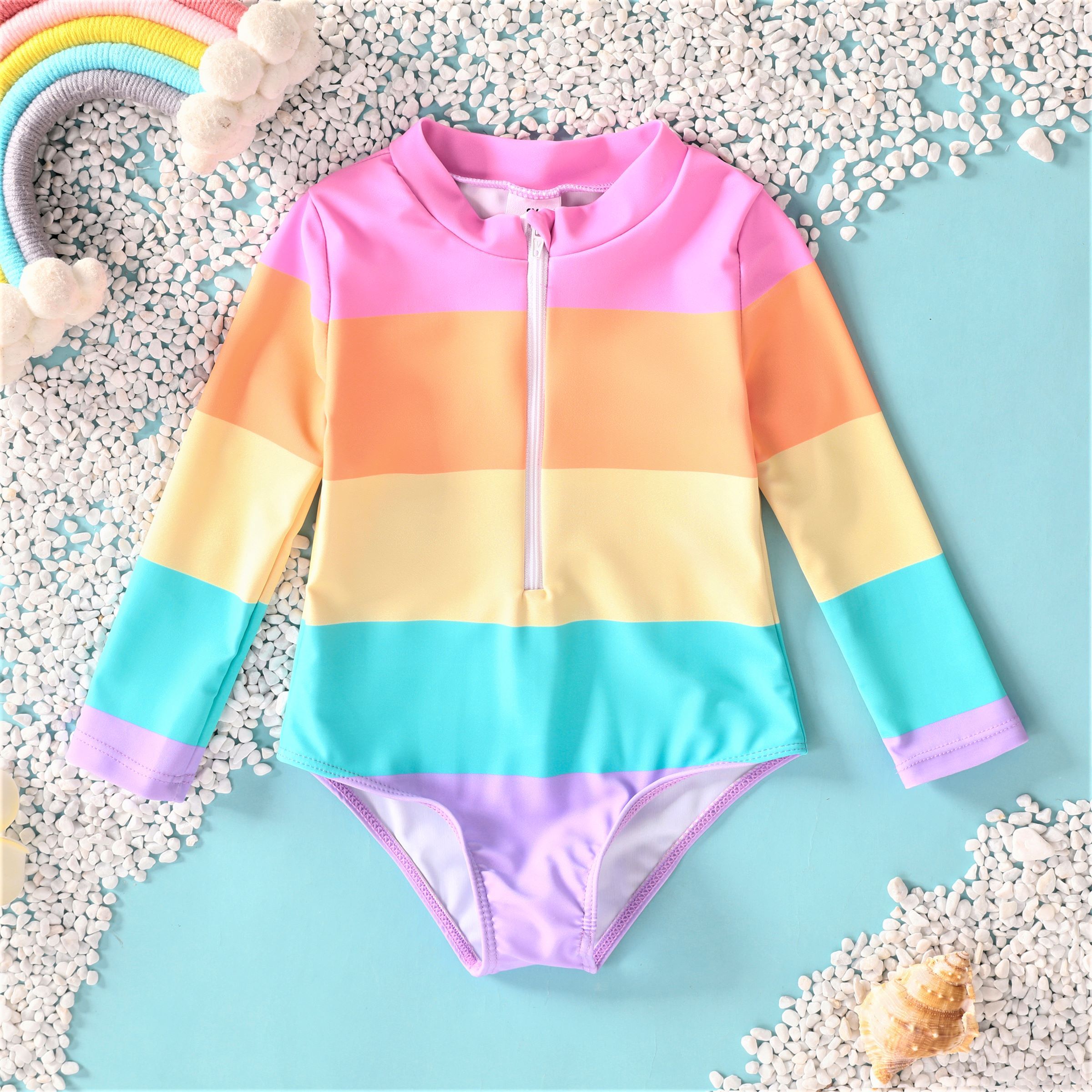 Toddler Girls Rainbow Striped OnePiece Swimsuit with HeartShaped