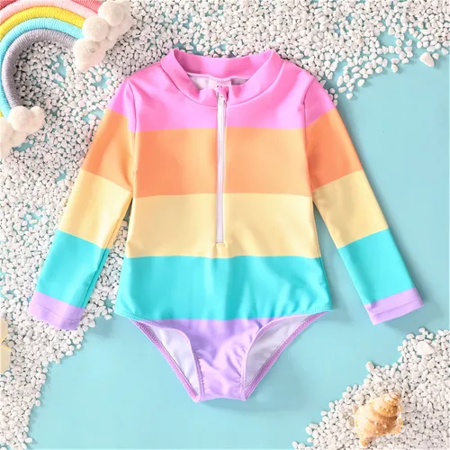 Toddler Girls Rainbow Striped One-Piece Swimsuit with Heart-Shaped Zipper 