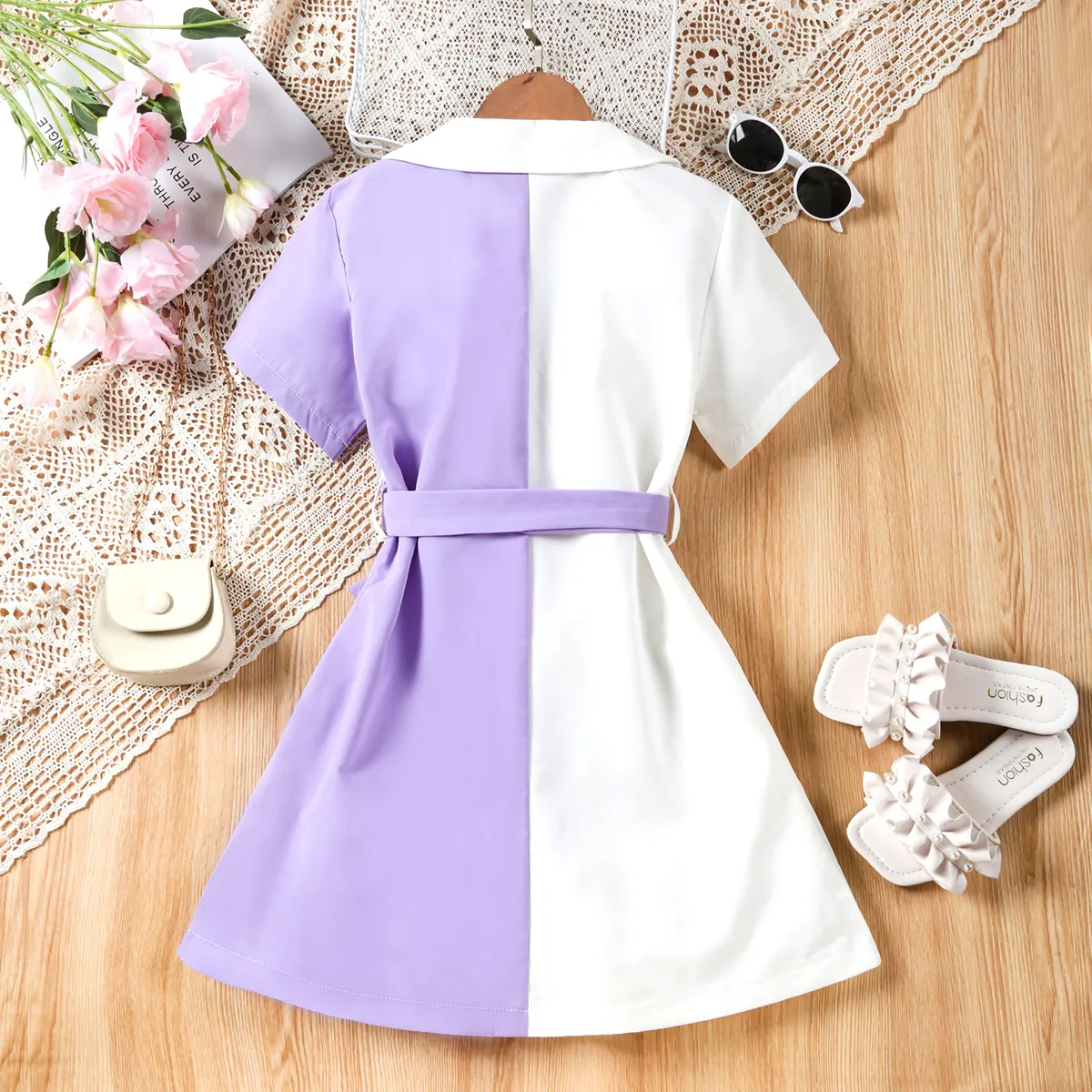 2pc Kid Girl's White Purple Spliced Mid-length Sleeve Windbreaker with Fabric Stitching Shirt Dress  Purple big image 1