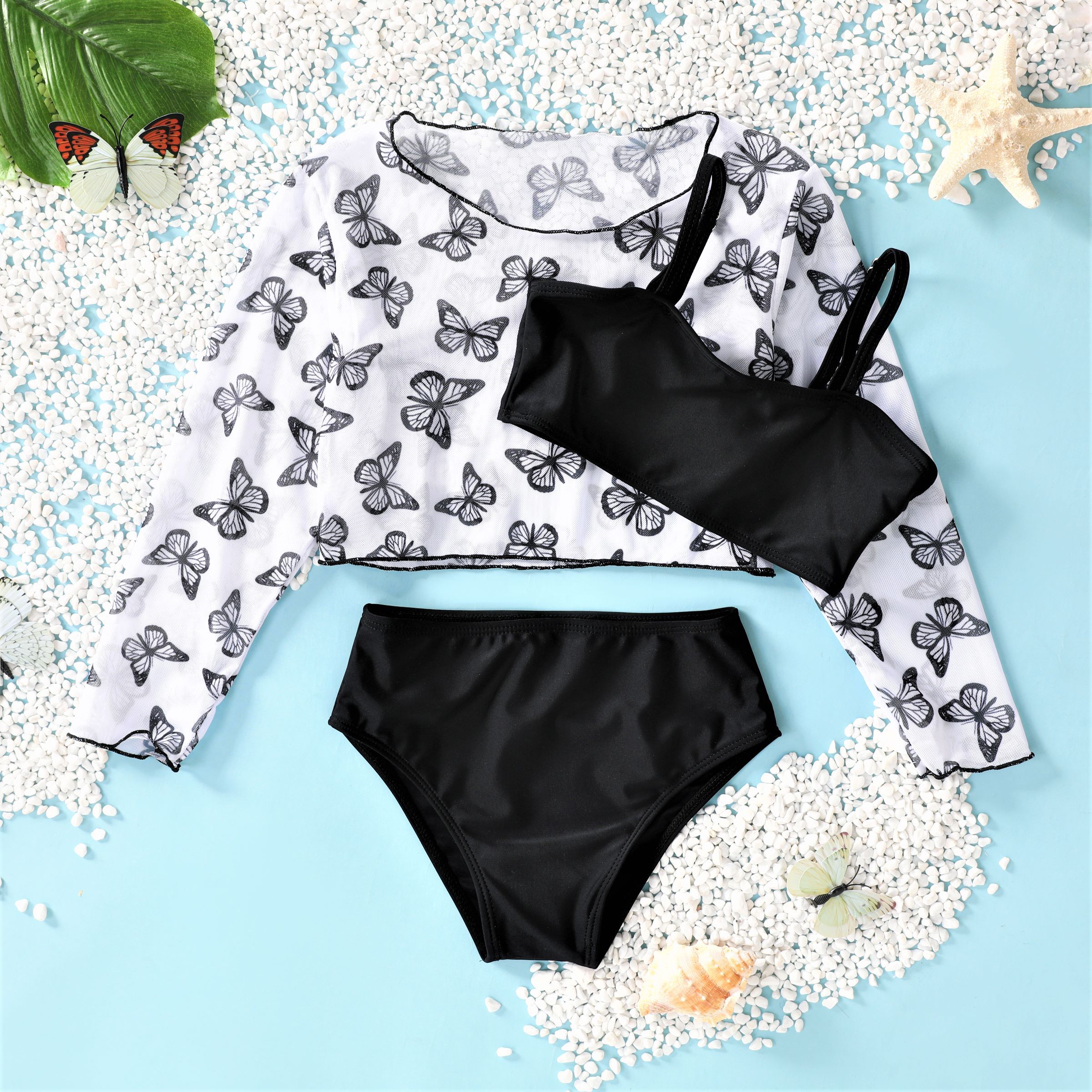 3pcs Kid Girl's Butterfly Swimwear Set With Animal Pattern And Hanging Strap