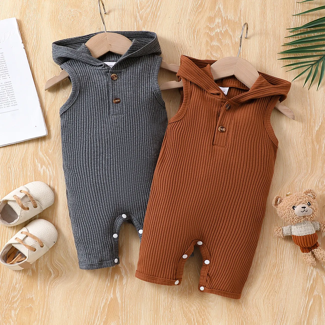 Baby Girl Casual Solid Color Hooded Jumpsuit   Brown big image 1