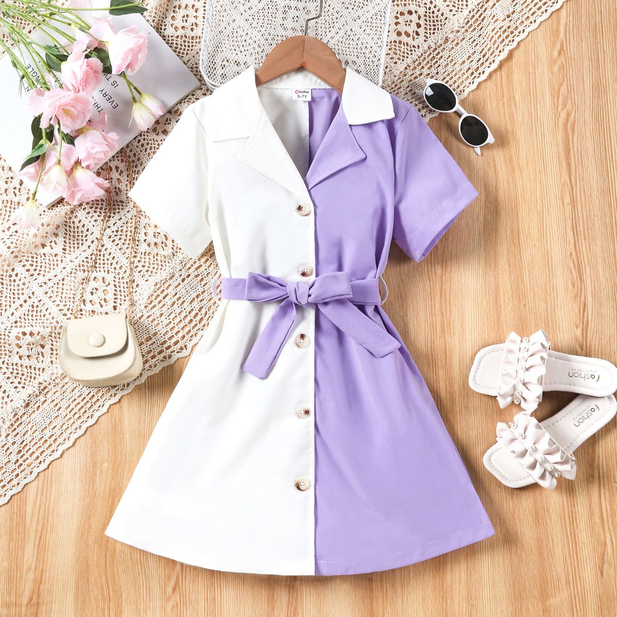2pc Kid Girl's White Purple Spliced Mid-length Sleeve Windbreaker With Fabric Stitching Shirt Dress