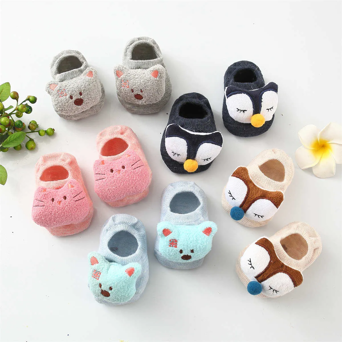 嬰兒/幼兒女孩/男孩童心防滑地板襪子與可愛的動物設計 藏青 big image 1