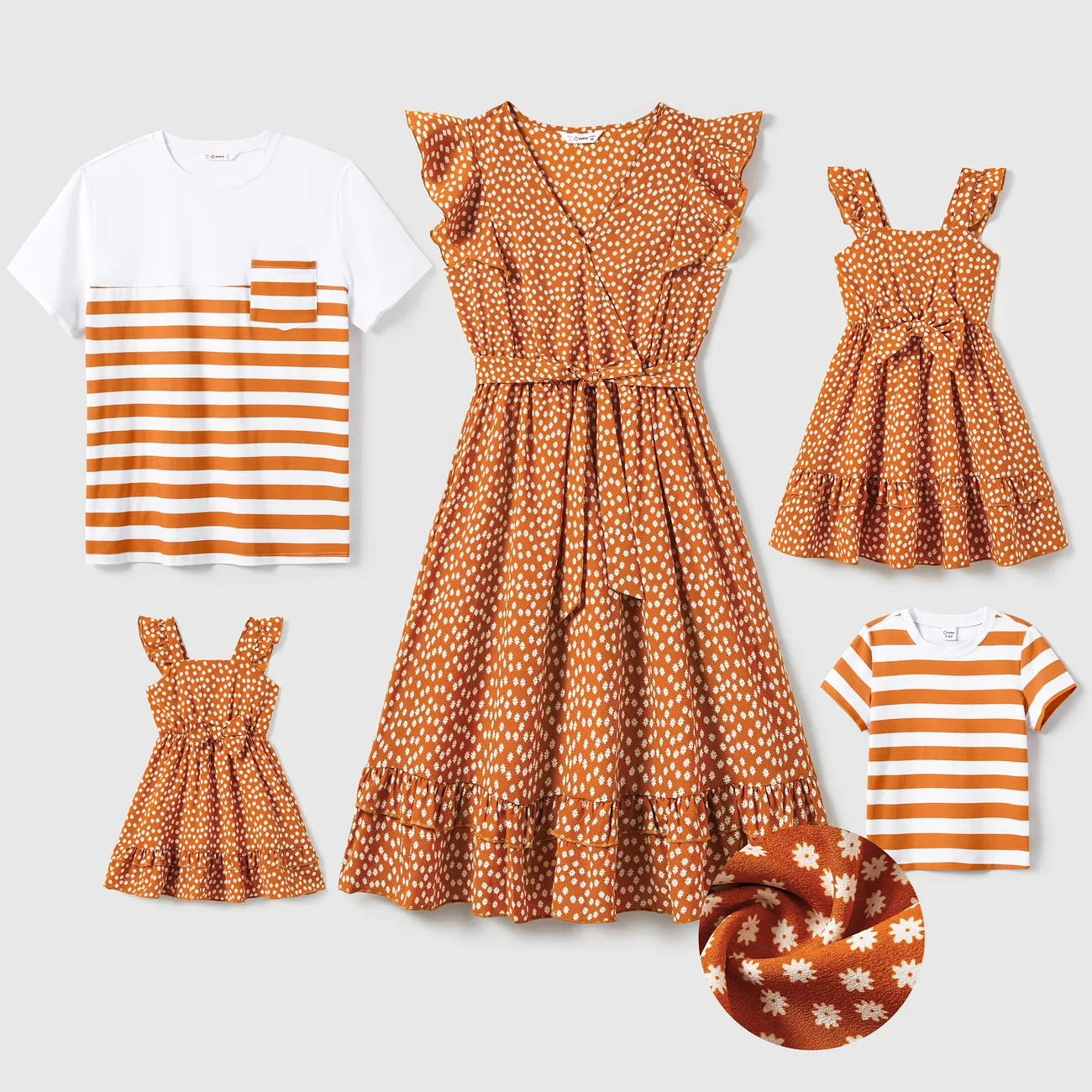 Family Matching Stripe T-Shirt and Ditsy Floral Chiffon Dress with Concealed Button Sets YellowBrown big image 1