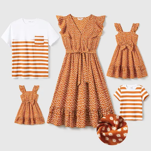 Family Matching Stripe T-Shirt and Ditsy Floral Chiffon Dress with Concealed Button Sets