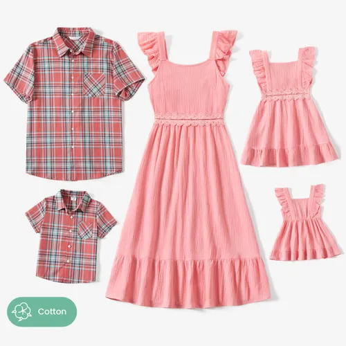Family Matching Plaid Shirt and Pink Cotton Shirred Back Lace Waist Flutter Strap Dress Sets
