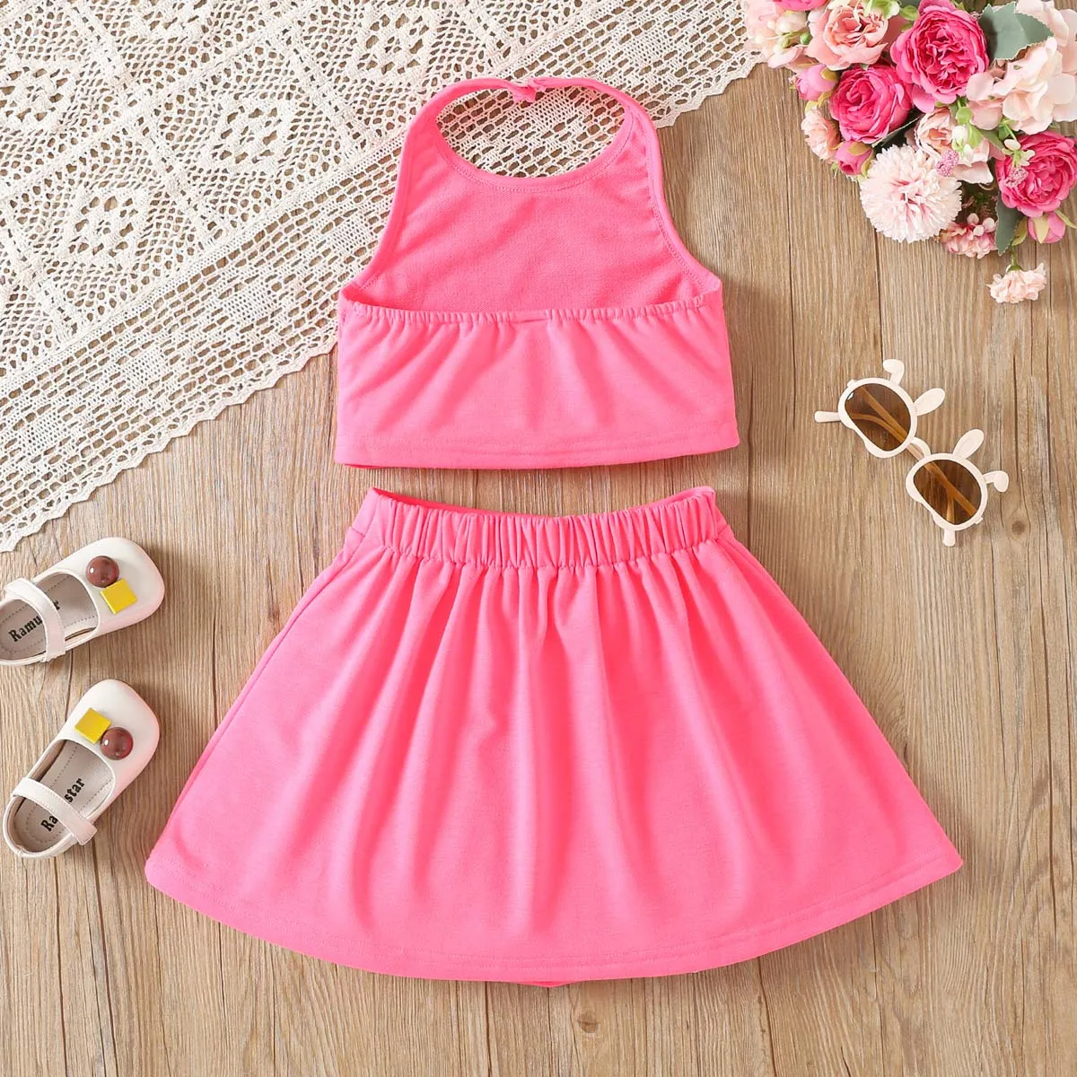  2pcs Kid Girl Summer Solid Color Skirt Set Hot Pink big image 1