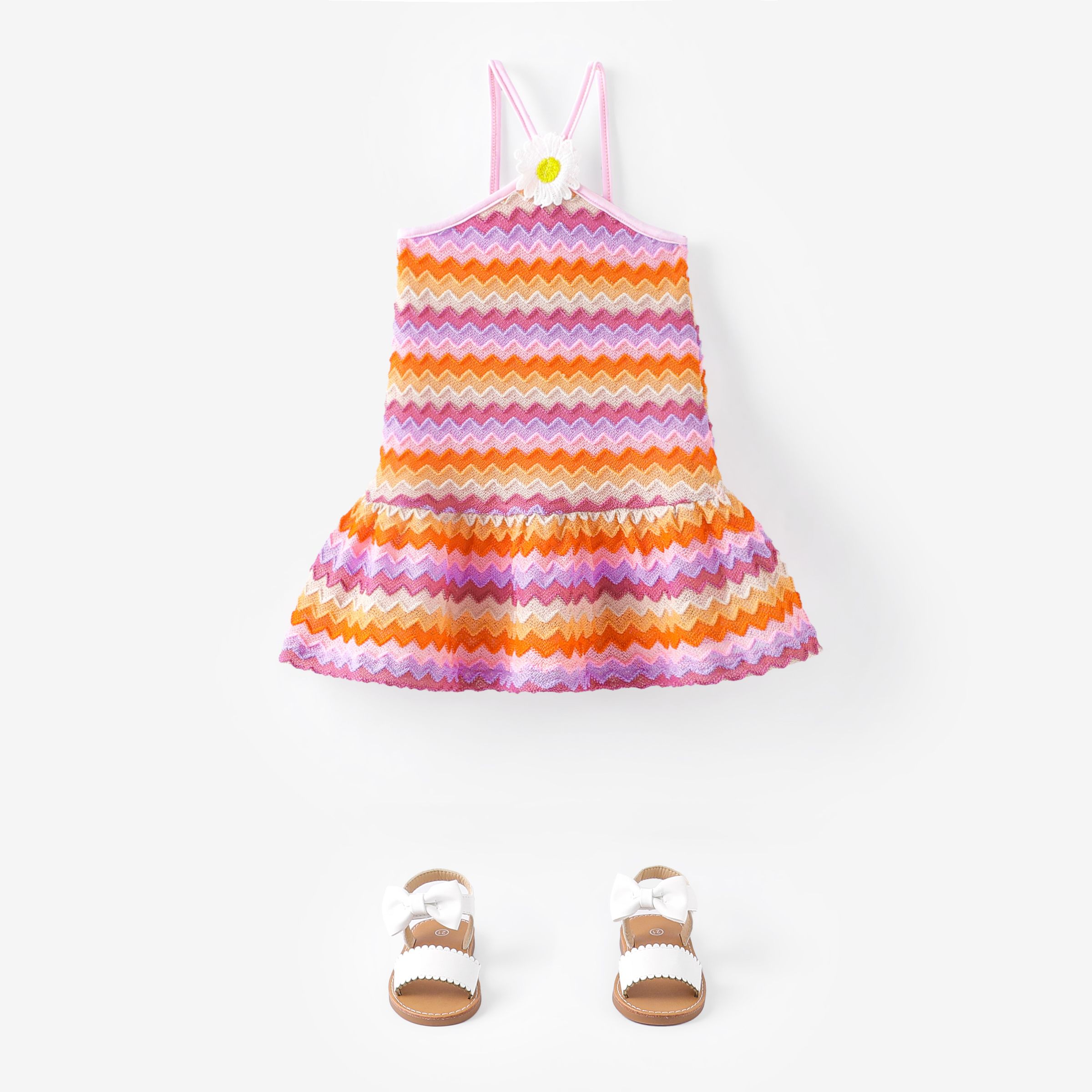 Toddler Girl Color Stripe 3D Floral Cami Dress/ Sandals